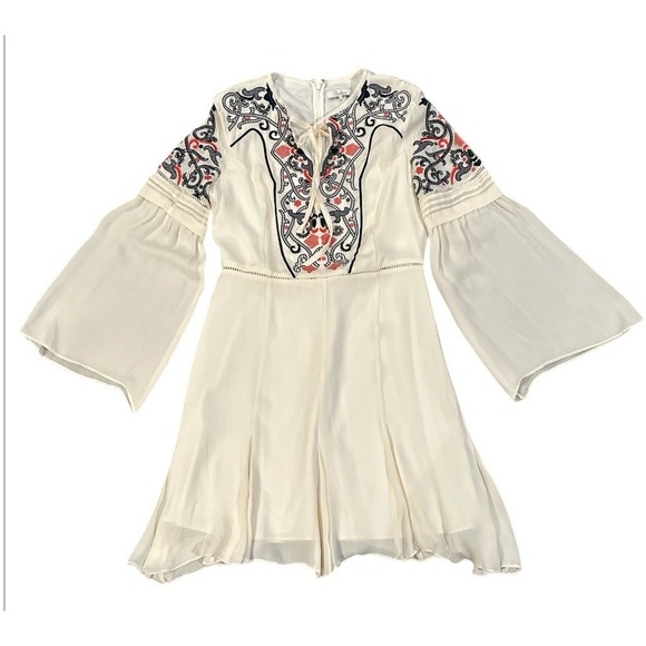 Parker Mini Dress Womens Medium Ivory Silk Embroidered Boho Bell Sleeve Whimsy - Picture 4 of 15